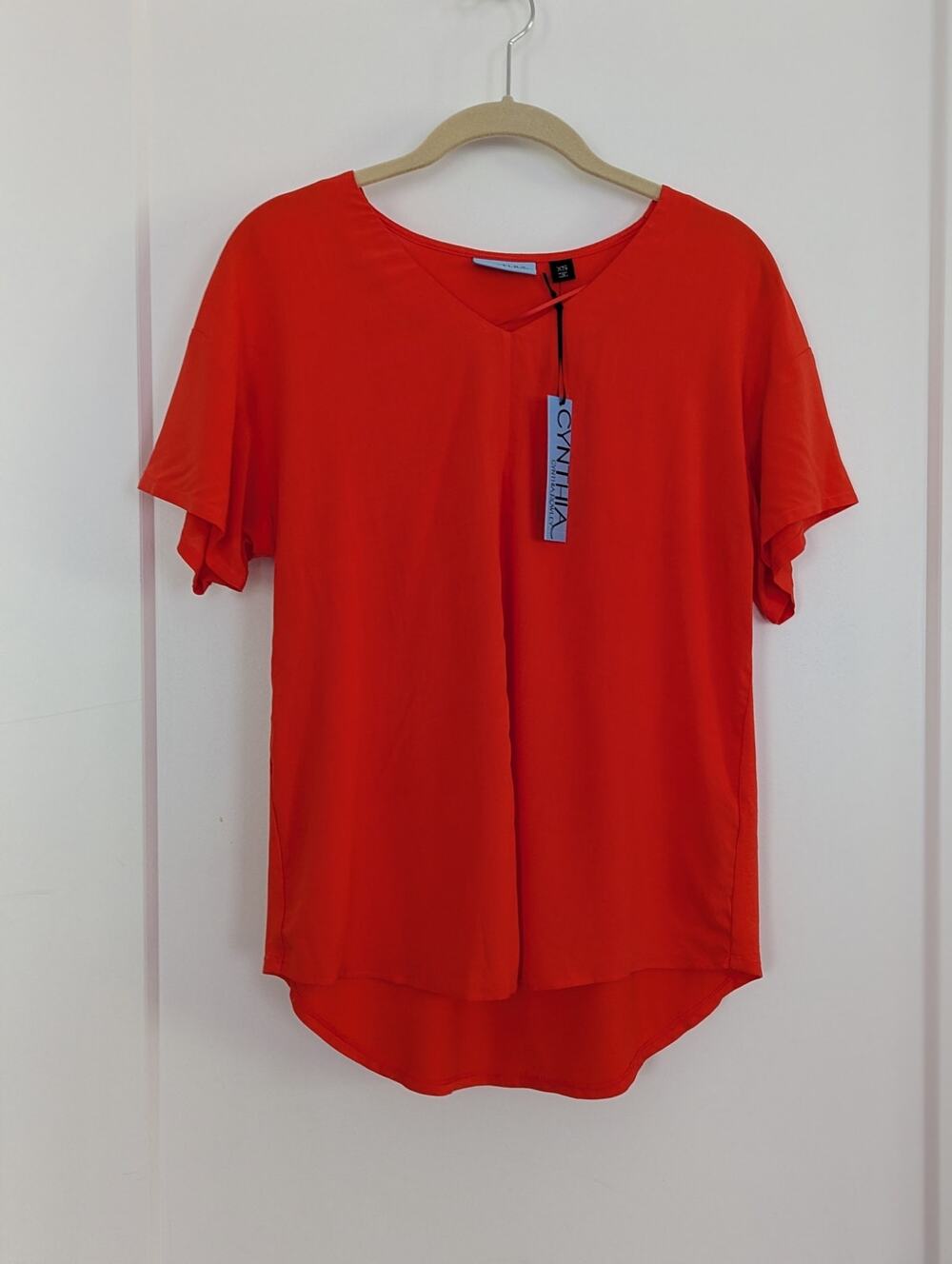 NWT Cynthia Rowley XS Blouse Orange V-neck Flutter Sleeve Rayon Top High Low